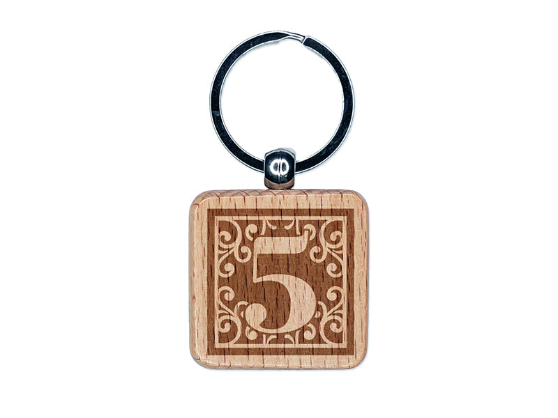 Monogram Swirls Number 5 Five Engraved Wood Square Keychain Tag Charm