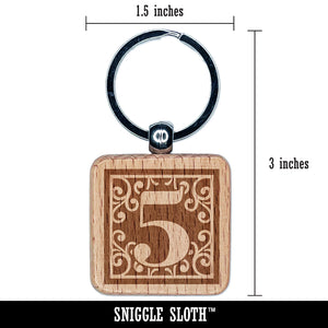 Monogram Swirls Number 5 Five Engraved Wood Square Keychain Tag Charm