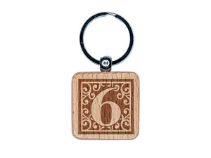 Monogram Swirls Number 6 Six Engraved Wood Square Keychain Tag Charm
