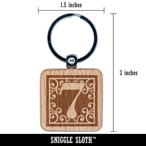 Monogram Swirls Number 7 Seven Engraved Wood Square Keychain Tag Charm