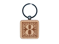Monogram Swirls Number 8 Eight Engraved Wood Square Keychain Tag Charm