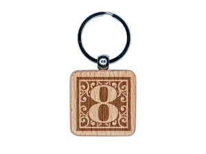 Monogram Swirls Number 8 Eight Engraved Wood Square Keychain Tag Charm