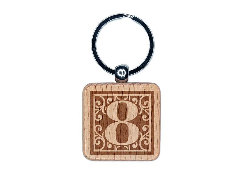 Monogram Swirls Number 8 Eight Engraved Wood Square Keychain Tag Charm