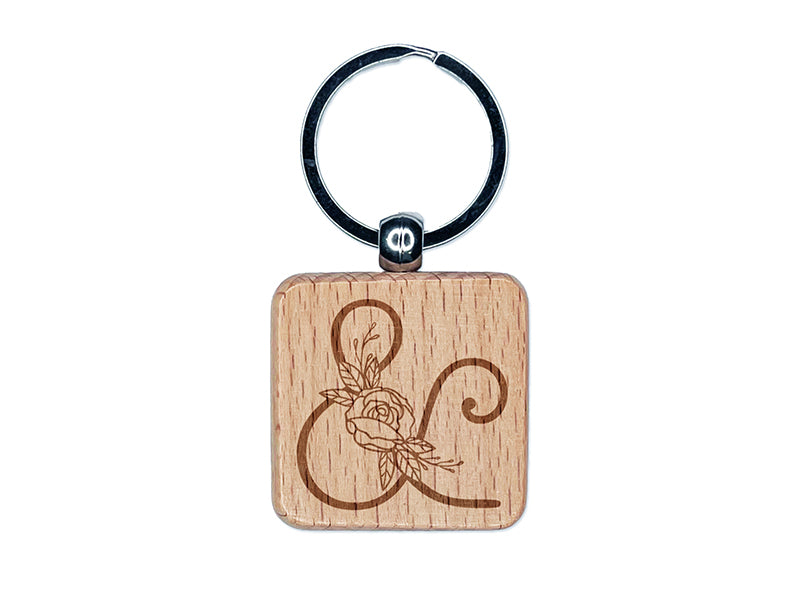 Rose Typewriter Font Ampersand Engraved Wood Square Keychain Tag Charm