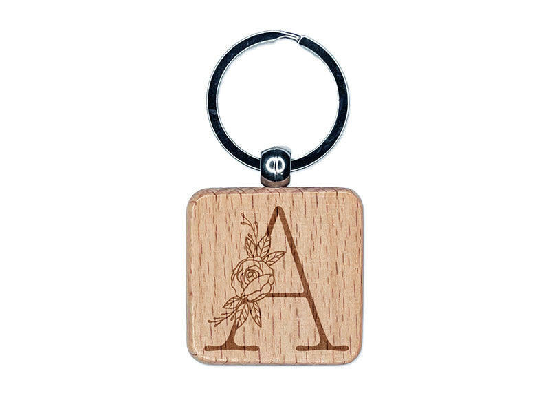 Rose Typewriter Font Capital Letter A Engraved Wood Square Keychain Tag Charm