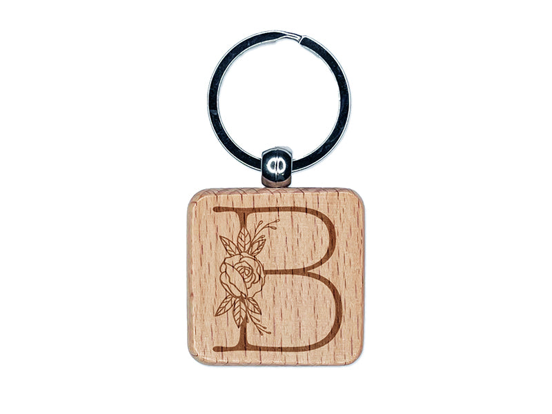 Rose Typewriter Font Capital Letter B Engraved Wood Square Keychain Tag Charm