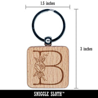 Rose Typewriter Font Capital Letter B Engraved Wood Square Keychain Tag Charm