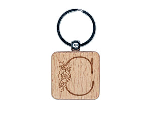 Rose Typewriter Font Capital Letter C Engraved Wood Square Keychain Tag Charm