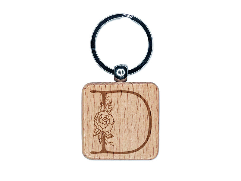 Rose Typewriter Font Capital Letter D Engraved Wood Square Keychain Tag Charm