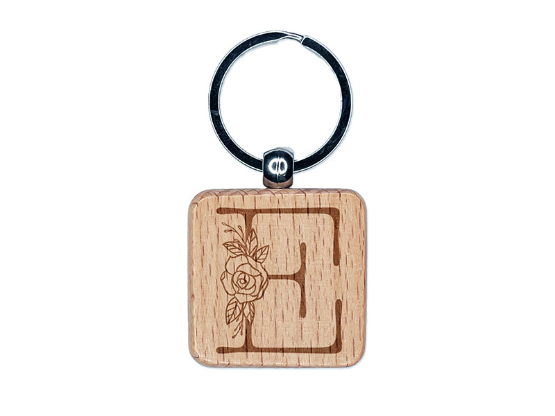 Rose Typewriter Font Capital Letter E Engraved Wood Square Keychain Tag Charm