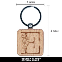 Rose Typewriter Font Capital Letter E Engraved Wood Square Keychain Tag Charm