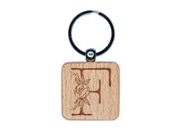 Rose Typewriter Font Capital Letter F Engraved Wood Square Keychain Tag Charm