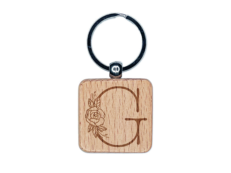 Rose Typewriter Font Capital Letter G Engraved Wood Square Keychain Tag Charm