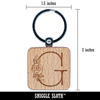 Rose Typewriter Font Capital Letter G Engraved Wood Square Keychain Tag Charm