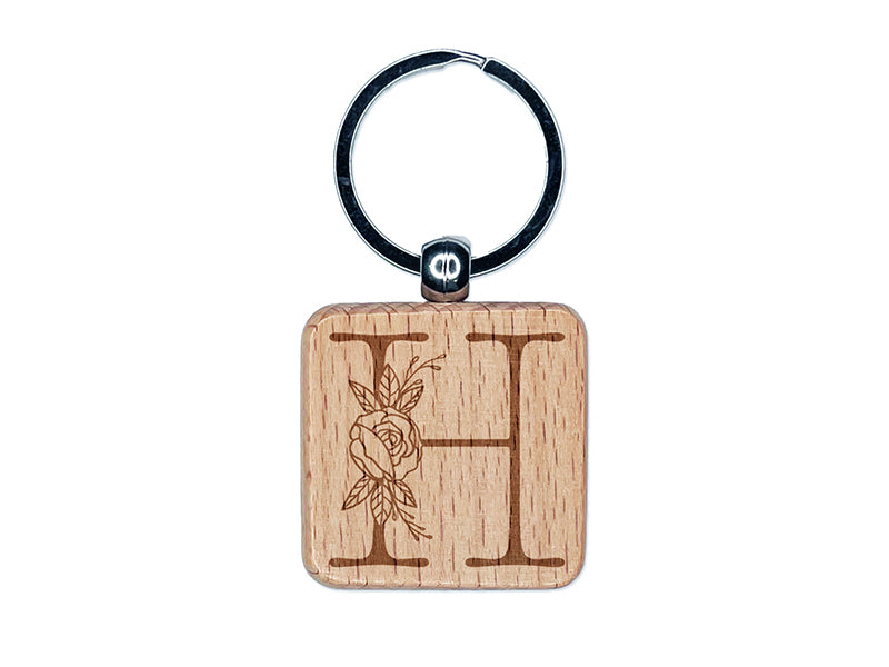 Rose Typewriter Font Capital Letter H Engraved Wood Square Keychain Tag Charm