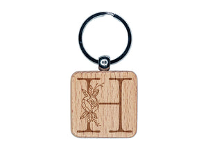 Rose Typewriter Font Capital Letter H Engraved Wood Square Keychain Tag Charm