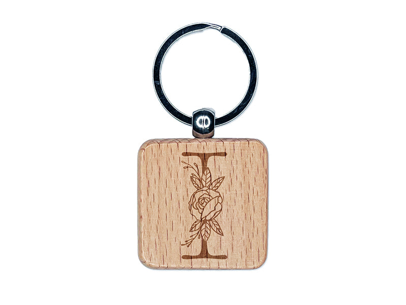 Rose Typewriter Font Capital Letter I Engraved Wood Square Keychain Tag Charm