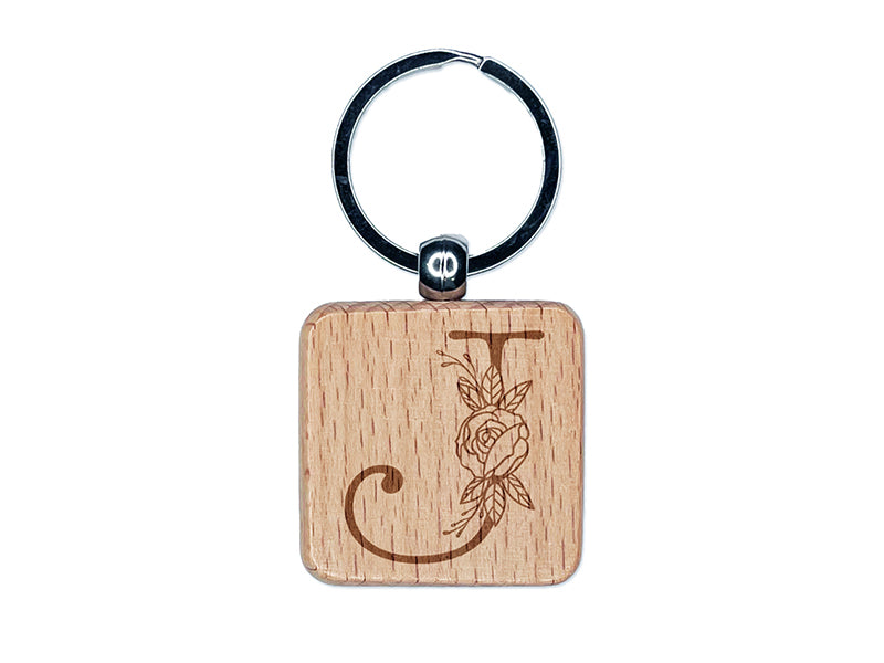 Rose Typewriter Font Capital Letter J Engraved Wood Square Keychain Tag Charm