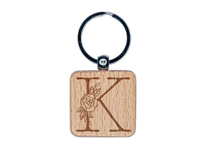 Rose Typewriter Font Capital Letter K Engraved Wood Square Keychain Tag Charm