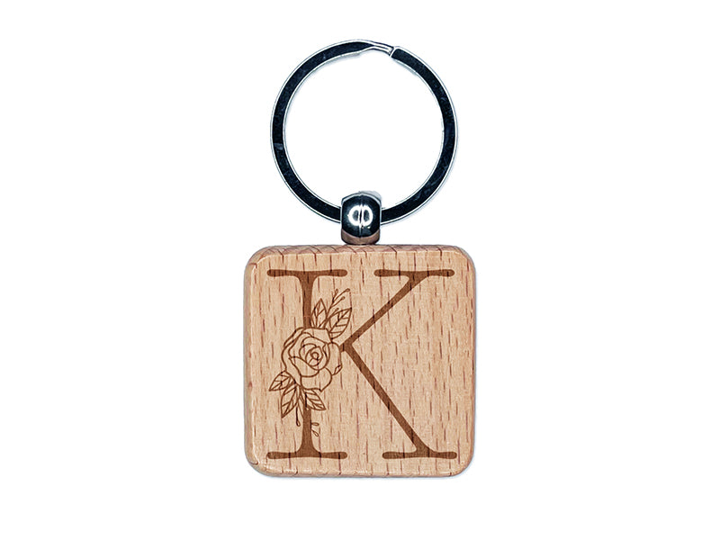 Rose Typewriter Font Capital Letter K Engraved Wood Square Keychain Tag Charm