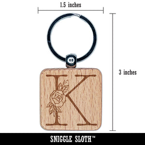 Rose Typewriter Font Capital Letter K Engraved Wood Square Keychain Tag Charm