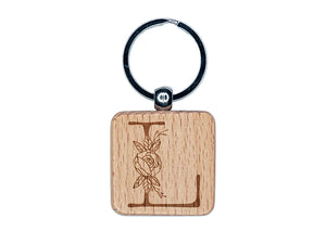 Rose Typewriter Font Capital Letter L Engraved Wood Square Keychain Tag Charm