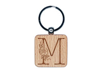 Rose Typewriter Font Capital Letter M Engraved Wood Square Keychain Tag Charm