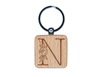 Rose Typewriter Font Capital Letter N Engraved Wood Square Keychain Tag Charm