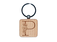 Rose Typewriter Font Capital Letter P Engraved Wood Square Keychain Tag Charm