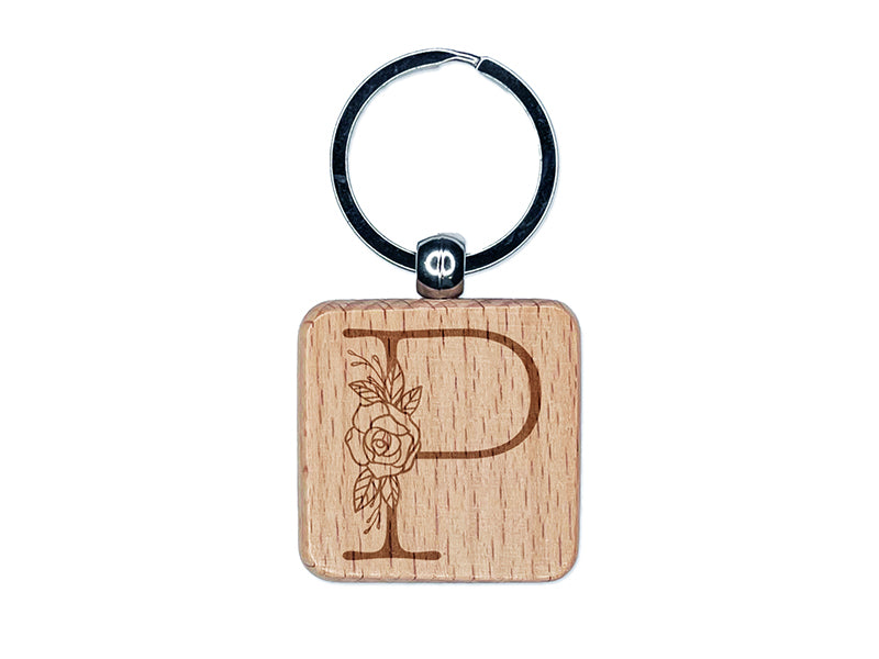 Rose Typewriter Font Capital Letter P Engraved Wood Square Keychain Tag Charm