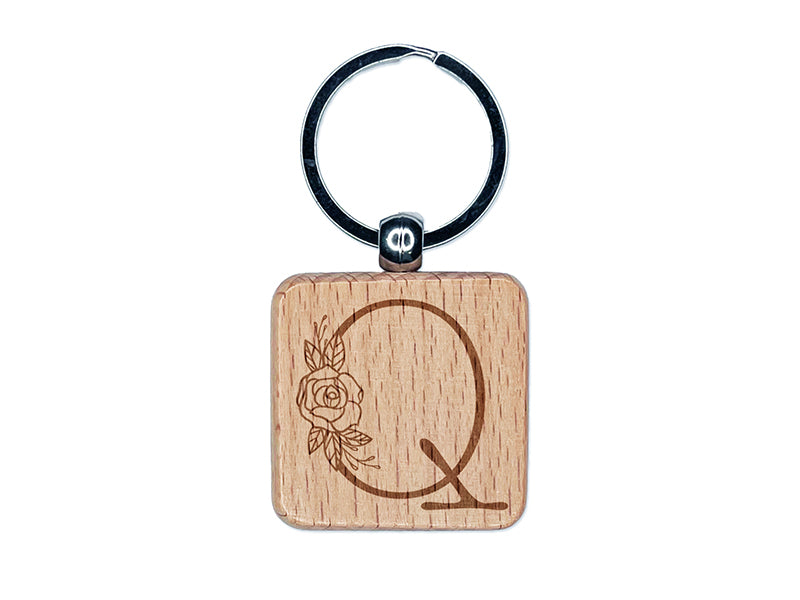 Rose Typewriter Font Capital Letter Q Engraved Wood Square Keychain Tag Charm