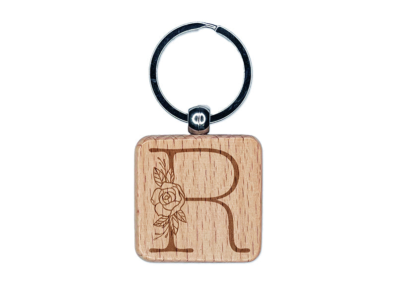 Rose Typewriter Font Capital Letter R Engraved Wood Square Keychain Tag Charm