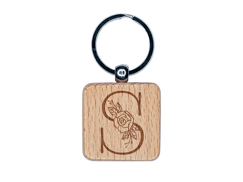 Rose Typewriter Font Capital Letter S Engraved Wood Square Keychain Tag Charm