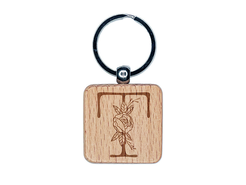 Rose Typewriter Font Capital Letter T Engraved Wood Square Keychain Tag Charm