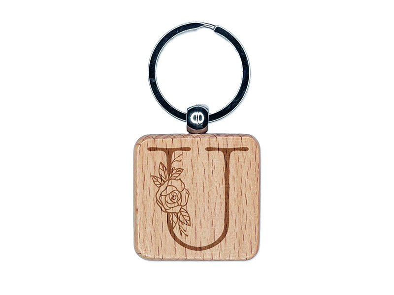 Rose Typewriter Font Capital Letter U Engraved Wood Square Keychain Tag Charm