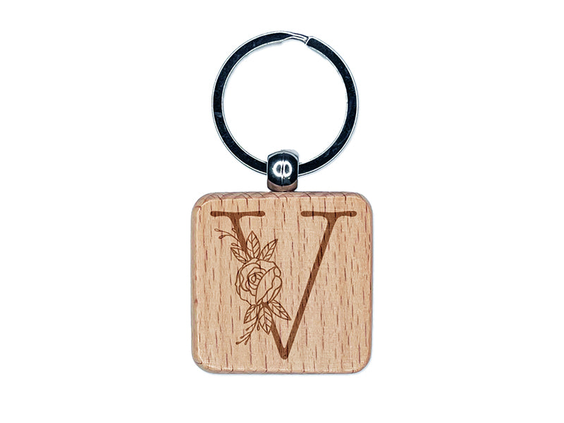 Rose Typewriter Font Capital Letter V Engraved Wood Square Keychain Tag Charm