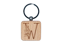 Rose Typewriter Font Capital Letter W Engraved Wood Square Keychain Tag Charm