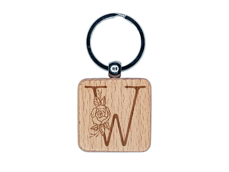 Rose Typewriter Font Capital Letter W Engraved Wood Square Keychain Tag Charm