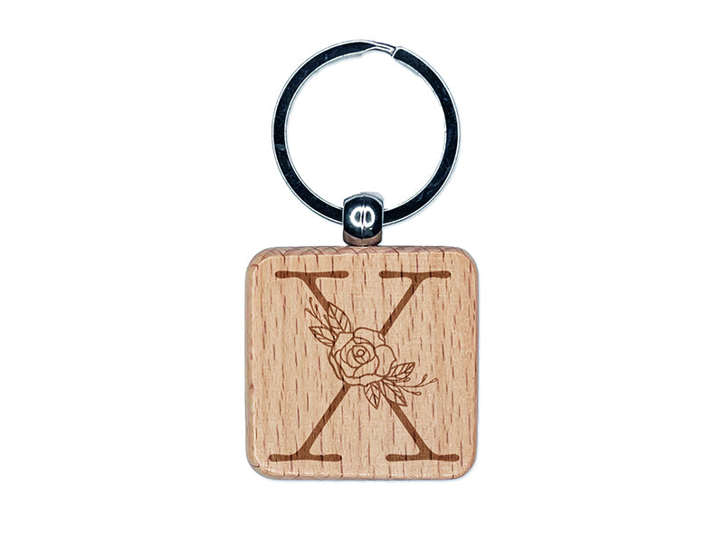 Rose Typewriter Font Capital Letter X Engraved Wood Square Keychain Tag Charm