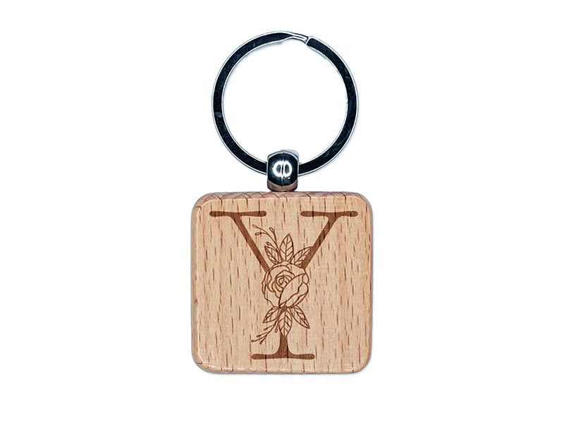 Rose Typewriter Font Capital Letter Y Engraved Wood Square Keychain Tag Charm