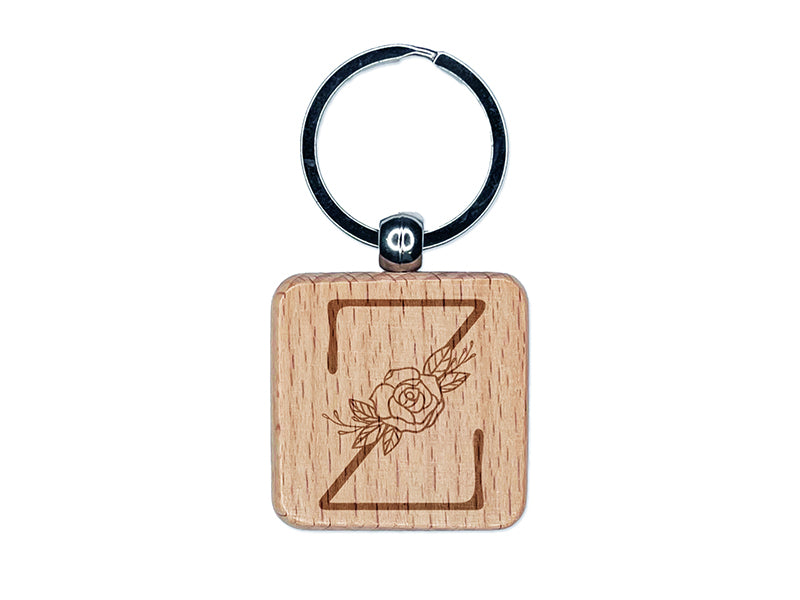 Rose Typewriter Font Capital Letter Z Engraved Wood Square Keychain Tag Charm