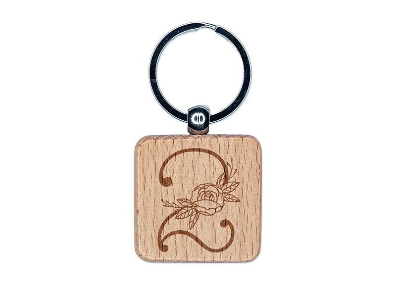 Rose Typewriter Font Number 2 Two Engraved Wood Square Keychain Tag Charm