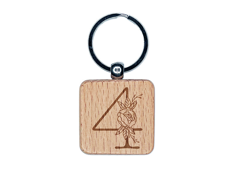 Rose Typewriter Font Number 4 Four Engraved Wood Square Keychain Tag Charm