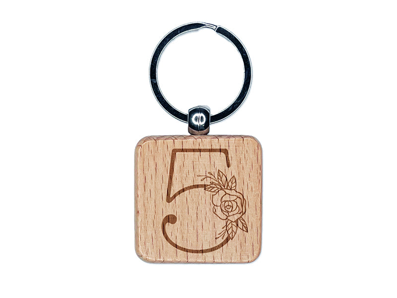 Rose Typewriter Font Number 5 Five Engraved Wood Square Keychain Tag Charm