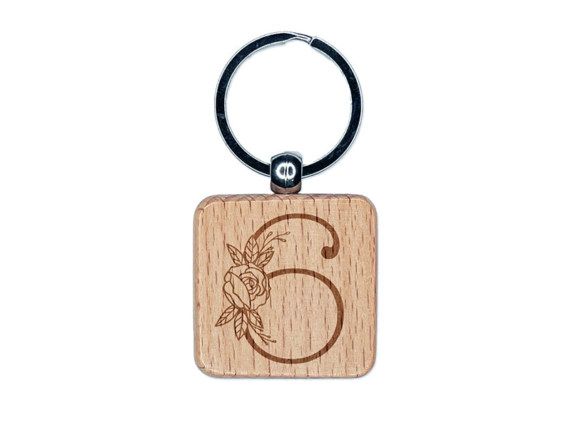 Rose Typewriter Font Number 6 Six Engraved Wood Square Keychain Tag Charm