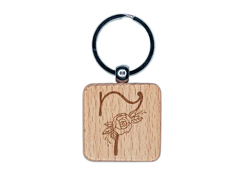 Rose Typewriter Font Number 7 Seven Engraved Wood Square Keychain Tag Charm