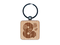 Sweet and Cute Flowers Rounded Block Ampersand Engraved Wood Square Keychain Tag Charm