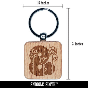 Sweet and Cute Flowers Rounded Block Ampersand Engraved Wood Square Keychain Tag Charm