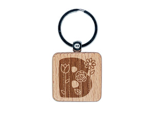 Sweet and Cute Flowers Rounded Block Letter B Engraved Wood Square Keychain Tag Charm