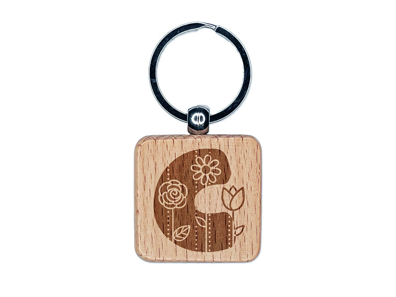 Sweet and Cute Flowers Rounded Block Letter C Engraved Wood Square Keychain Tag Charm